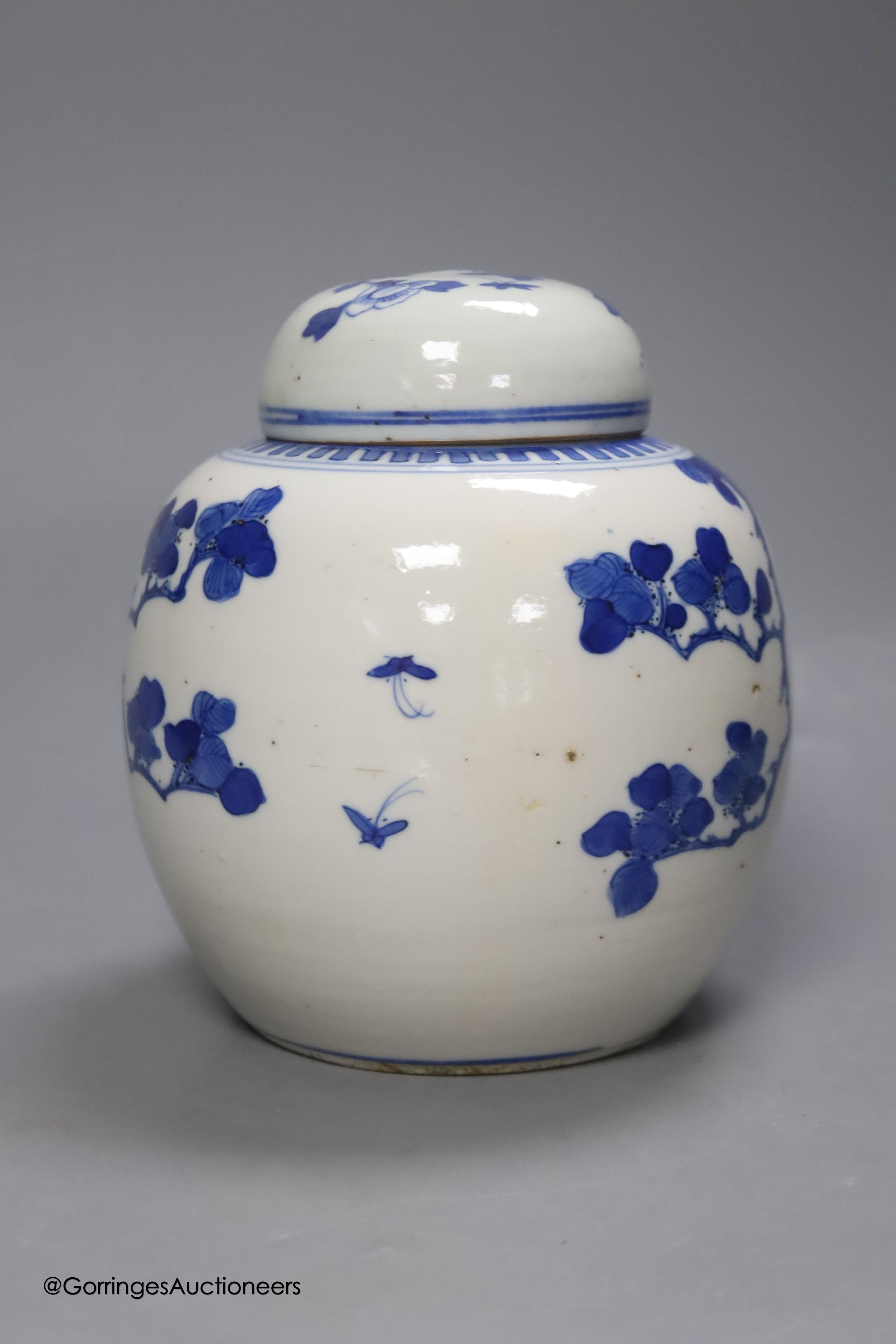 A Chinese blue and white 'birds and flowers' jar and cover, Kangxi mark, c.1900, height 15cm